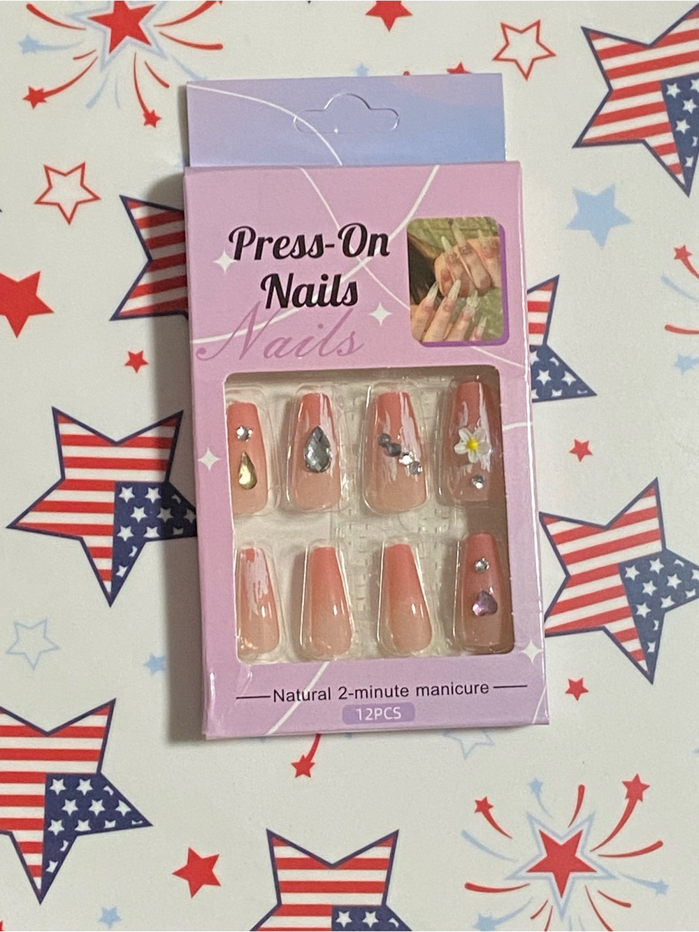 Press-On Nails - Nude Pink Ombre with Gems